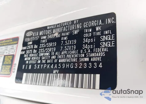 2017 Kia Sorento 3.3L Sx z USA, uszkodzony, nr VIN 5XYPK4A59HG323334